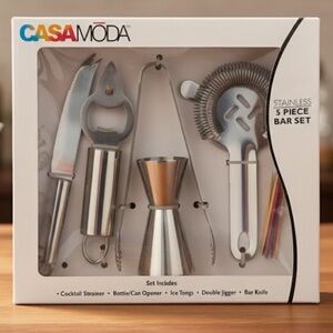 CASA MODA Stainless 5pc Bar Set Jigger Strainer Knife Opener Tongs NIB